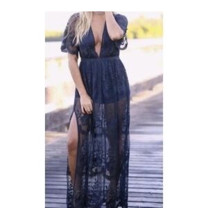 Honey Punch Deep Blue Lace Maxi Dress